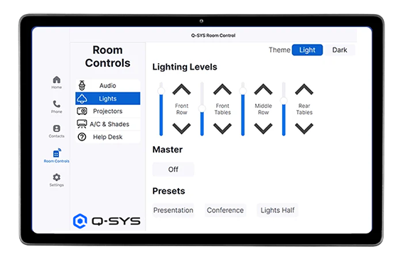 Tablet displaying Q-SYS Room controls